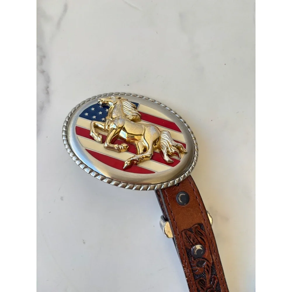 Ranger Belt Western American‎ Flag Horse Belt Brown Leather Concho Tooled 34
